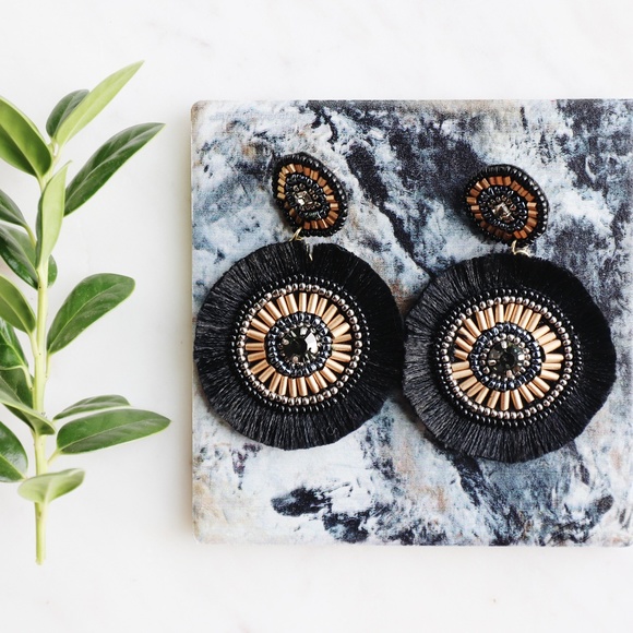 Black and Gold Beaded Tassel Earrings - Picture 2 of 3